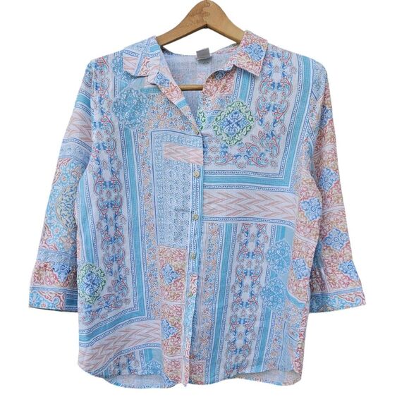 Chico's No Iron 100% Linen Button Up Top Sz 2 (12) Pastel Patchwork Bohemian - Picture 1 of 7